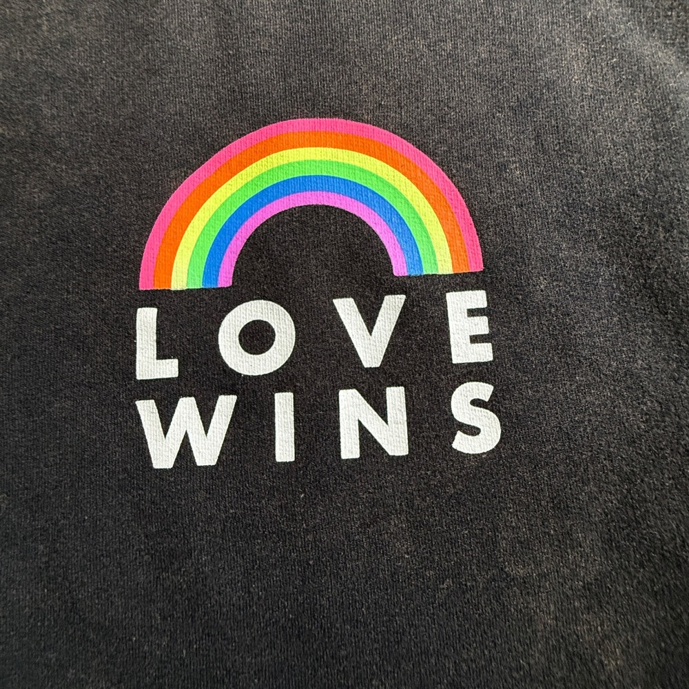 Freeze Love Wins Rainbow Graphic Sweatshirt Black Acid Wash Medium